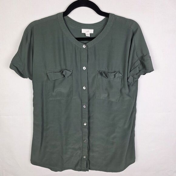 J. JILL Short Sleeve Button Up Green Lightweight Blouse Size Small Tall Neutral - Picture 1 of 6
